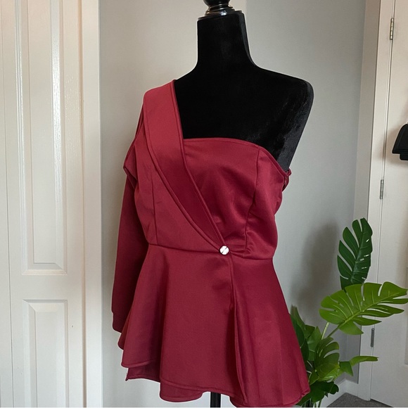 Wine Red One Shoulder Long Sleeve Top - Picture 2 of 3